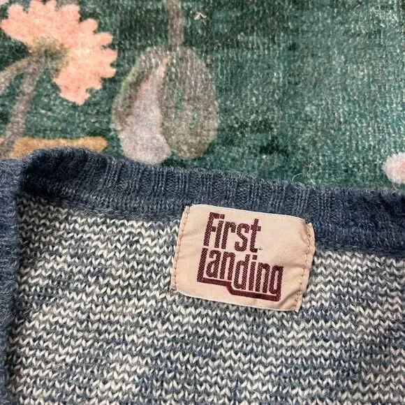 First Landing Sweater Mens Large Blue Abstract Wool V Neck Pullover Knit Vintage - Picture 4 of 12